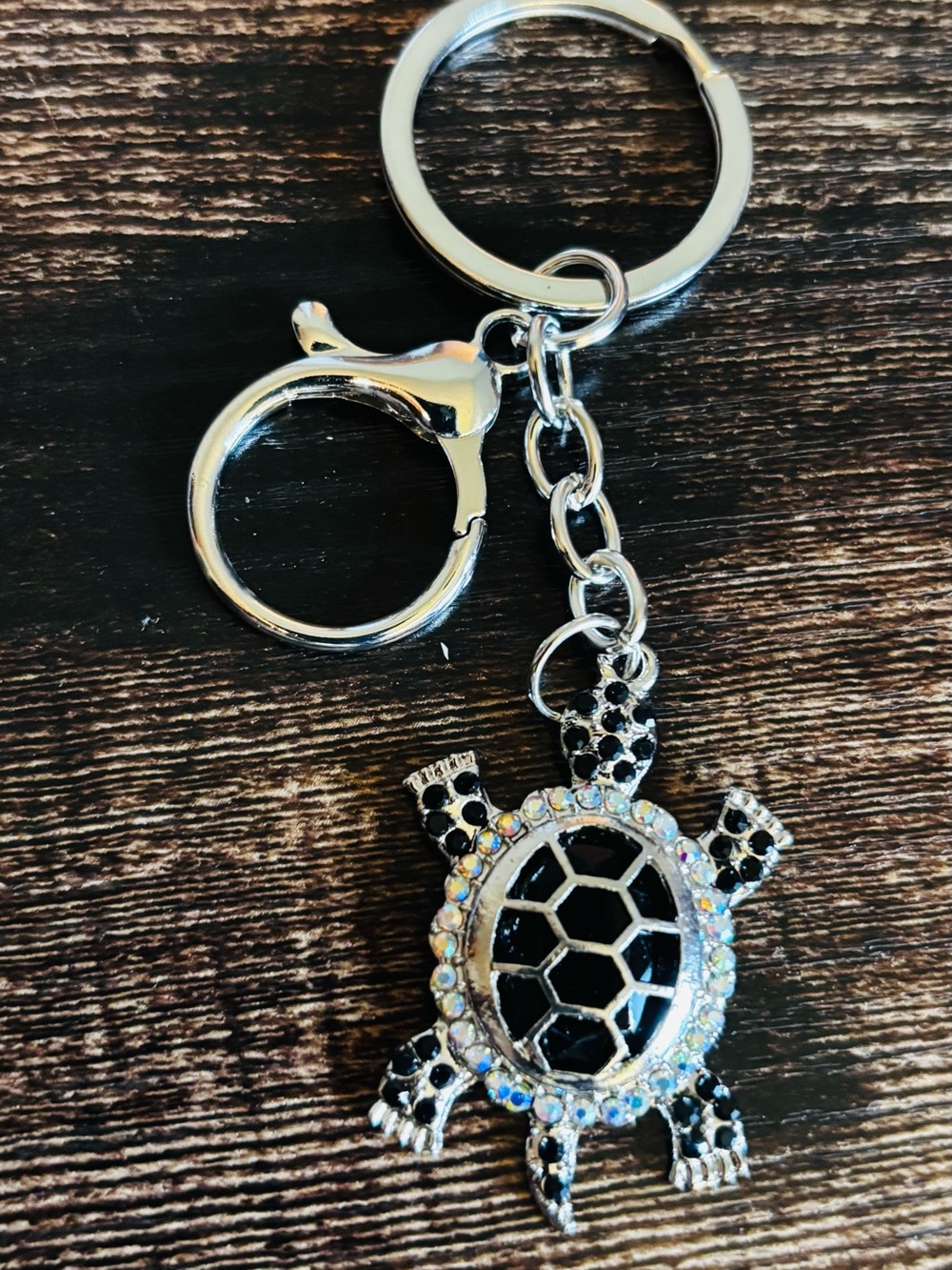 Silver Tone Turtle Crystal Keychain - Black and Clear Rhinestones